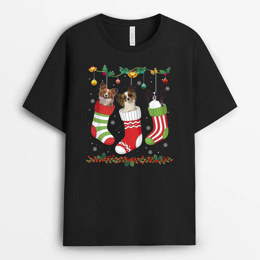 Papillon Christmas Lights Funny Xmas Dog Lover Pajama T-Shirt - Black