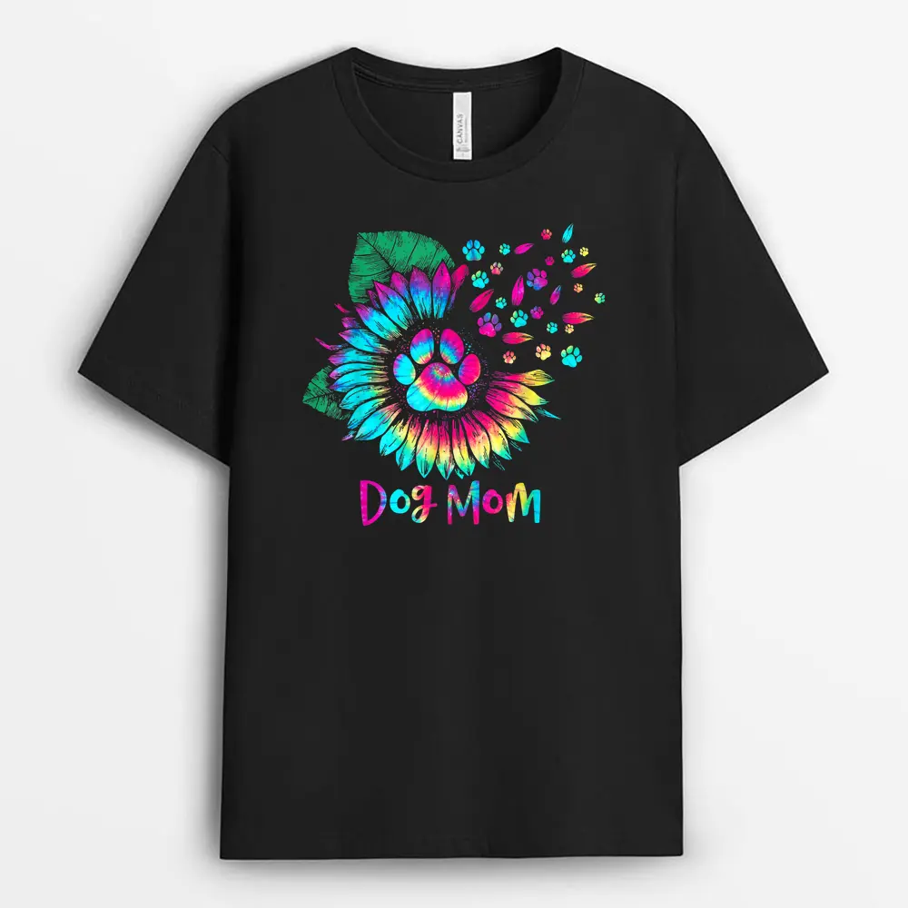 Sunflower Dog Mom Tie Dye Dog Lover Mother's Day T-Shirt - Black