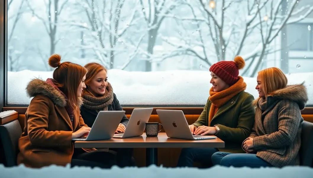 Freelance Fashion: Navigating Cool Climates with Style Group of freelancers in fashionable layers working in a cozy café with snow outside.