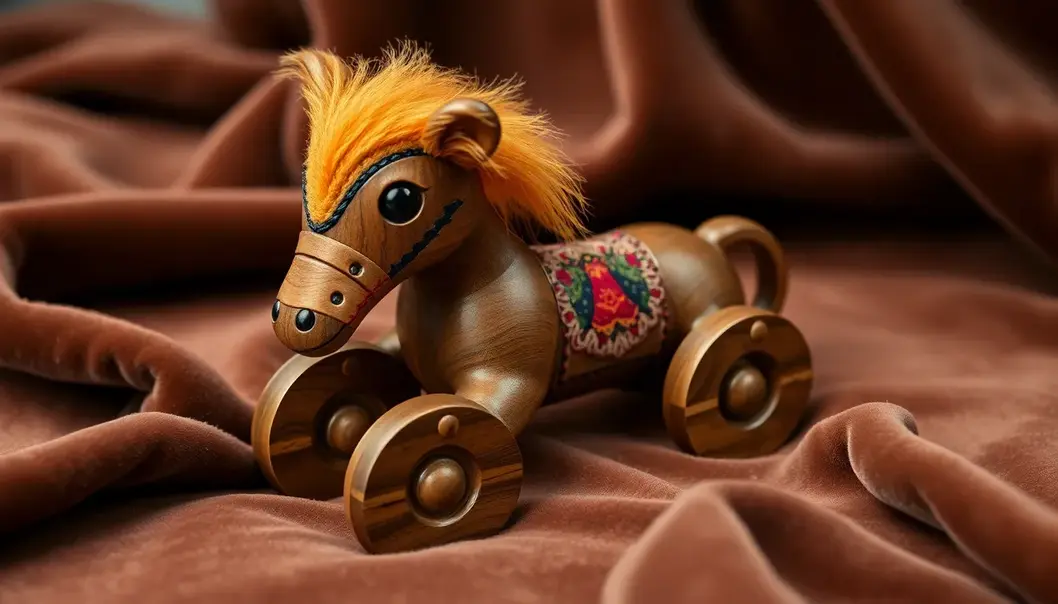 Eco-Elegance: Crafting Luxe Toys from Recycled Treasures A luxurious handcrafted toy made from recycled materials, displayed elegantly.