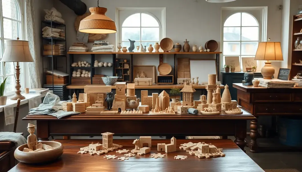 Eco-Elegance: Crafting Luxe Toys from Recycled Treasures A craftsman’s elegant workshop with high-end recycled materials.