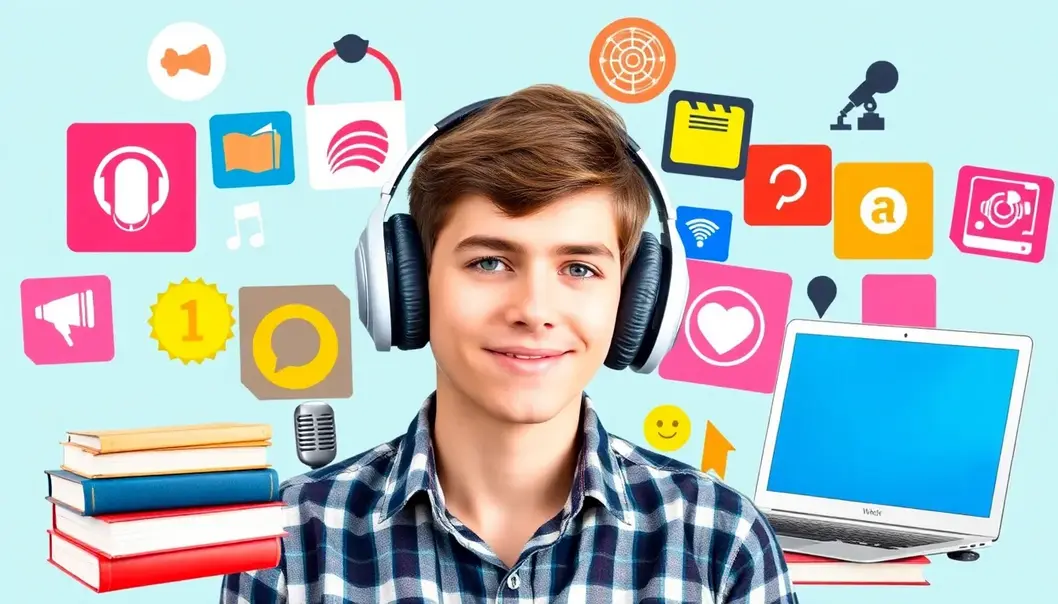 Pump Up Your Productivity: Podcasts Teens Can't Miss Collage showing a teen with headphones, surrounded by podcast and productivity icons.