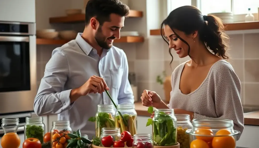 Whispers of a Zero-Waste Love: Simple Swaps for Newlyweds A newlywed couple cooking a zero-waste meal together.