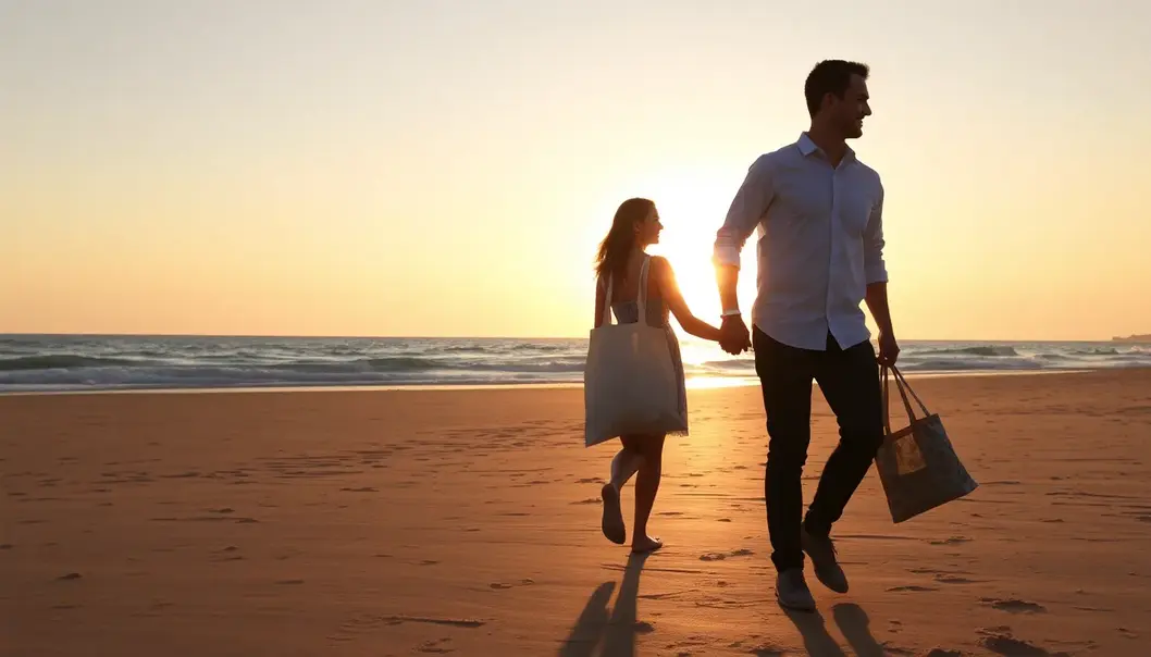 Whispers of a Zero-Waste Love: Simple Swaps for Newlyweds A couple walking on a beach with a reusable tote bag.